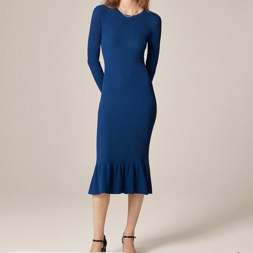 J Crew Super Stretch Ribbed Knit Ruffle Hem Sweater Dress Women's Small Blue